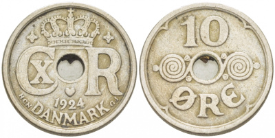 ДАНИЯ 10 ЭРЕ 1924 HCN ; GJ, КРИСТИАН X (1912-1947) KM 822.1 медно-никель 3309-138