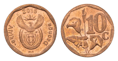 ЮАР 10 центов 2015 герб, цветок алоэ сталь плакированная бронзой UNC 4687-531