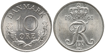 ДАНИЯ 10 ЭРЕ 1962 C; S, ФРЕДЕРИК IX (1947-1972) KM 849.1 медно-никель 100-1142