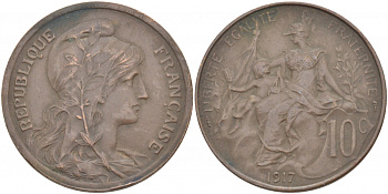Франция 10 сантимов 1917 тип Даниэль Дюпюи KM 843, LA FRANC 136.29 бронза 3457-544