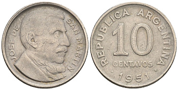 Аргентина 10 сентаво 1951 генерал Хосе де Сан Мартин KM 47, Schon 50 медно-никель    4609-1149