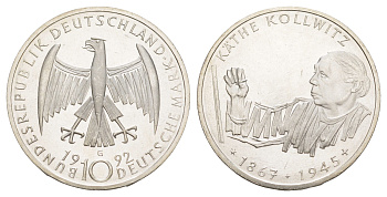 Германия 10 марок 1992 G, 125 лет со дня рождения Кете Кольвиц KM 178 серебро UNC 4634-1014