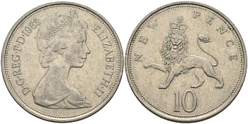 Великобритания 10 пенсов 1968 Елизавета II (1952-2022) KM 912, Spink 4231 (F1) медно-никель 81-1215