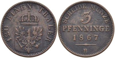ПРУССИЯ 3 ПФЕННИГА 1867 В, ВИЛЬГЕЛЬМ I (1861-1888) KM 482 медь 117-941