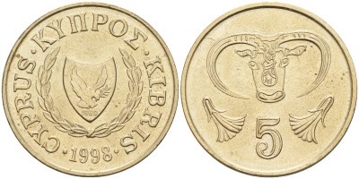 Кипр 5 центов 1993 голова быка KM 55.3 никель латунь    4595-934