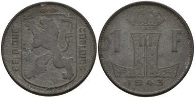Бельгия 1 франк 1943 Belgique - Belgie, Леопольд III (1934-1947), германская оккупация, Вторая мировая война KM 127 цинк 4161-521