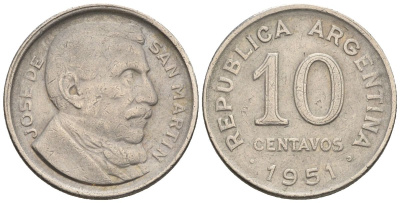Аргентина 10 сентаво 1951 генерал Хосе де Сан Мартин KM 47, Schon 50 медно-никель    4609-1149