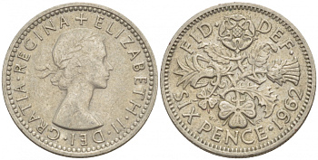 Великобритания 6 пенсов 1962 Елизавета II (1952-2022) KM 903, Spink 4149 медно-никель 4392-311
