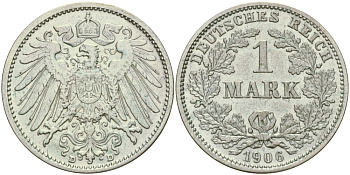 Германия 1 марка 1906 D Weege 18, J. 17, KM 14 серебро aUNC 65-213