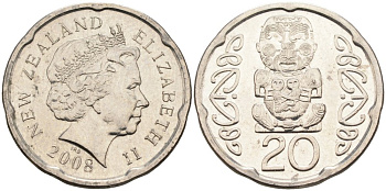 Новая Зеландия 20 центов 2008 Елизавета II (1952-2022), идол Пукаки KM 118а никелированная сталь 4579-1227