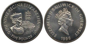 Гернси 5 фунтов 1996 70 лет королеве Елизавете II KM 79 медно-никель UNC 1078-4-13