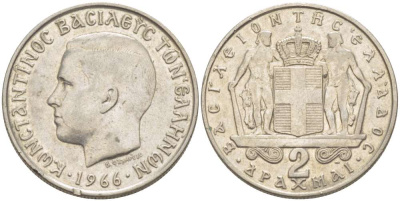 Греция 2 драхмы 1966 Константин II (1966-1973) KM 90 медно-никель 4511-1156