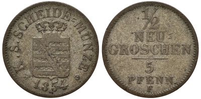 Саксония 1/2 новых гроша - 5 пфеннигов 1854 Фридрих Август II (1797-1854) KM 1158, J. 81 серебро 75-122