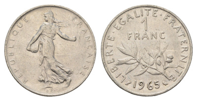 Франция 1 франк 1965 сеятель KM 925 никель 4673-1136