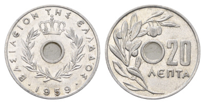 Греция 20 лепт 1959 Павел I (1947-1964), оливковая ветвь KM 79 алюминий 85-912