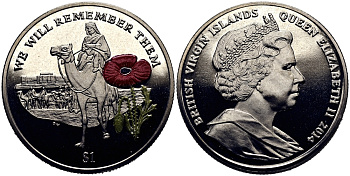 Британские Виргинские острова 1 доллар 2014 в память героев первой мировой войны, солдат верхом на верблюде, красный мак KM NEW медно-никель, эмаль  PROOF 1071-4-21