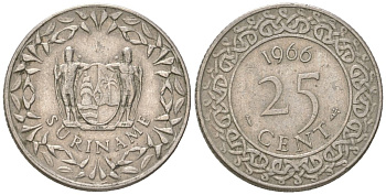 Суринам 25 центов 1966 KM 14 медно-никель 4611-827