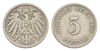 Германия 5 пфеннигов 1899 D, Вильгельм II (1888-1918) KM 11, J. 12 медно-никель 4639-1268