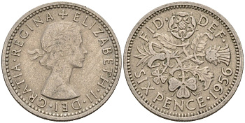Великобритания 6 пенсов 1956 Елизавета II (1952-2022) KM 903, Spink 4149 медно-никель 4596-1038
