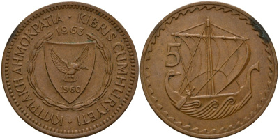 Кипр 5 милей 1963 Елизавета II (1953-) KM 39 бронза 4159-736