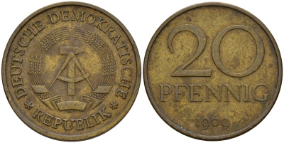 ГДР 20 пфеннигов 1969 A, первый год KM 11 латунь 92-631