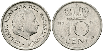 Нидерланды 10 центов 1965 Юлиана (1949-1980) KM 182 никель 96-369