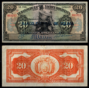Боливия 20 боливиано 1911 (1929) Pick 115 a (2) бумага 6280-16-3-2