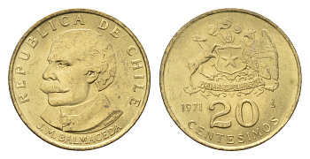 Чили 20 сентесимо 1971 KM 195 алюминиевая бронза UNC 4689-143