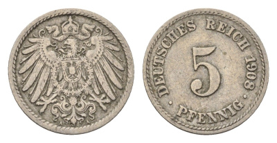 Германия 5 пфеннигов 1908 A KM 11, J. 12 медно-никель 4696-643