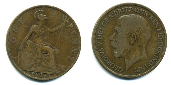 Великобритания 1 пенни 1915 Георг V (1910-1936) KM 810, Spink 4051 бронза 56-245