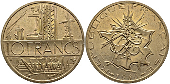 Франция 10 франков 1980 тип Матье KM 940, Le Franc 365.15-16 никель латунь 4389-1124