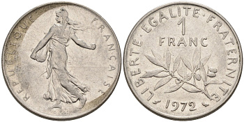 Франция 1 франк 1972 сеятель KM 925.1 никель 4575-154