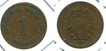 ГЕРМАНИЯ 1 ПФЕННИГ 1876 A, СТАРОГЕРБОВКА KM 1, J. 1 медь 701-113