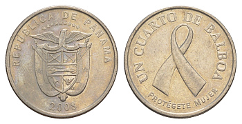 Панама 1/4 бальбоа (25 сентесимо) 2008 Рак молочной железы KM 137 медь плакированная медно-никелем 4646-311