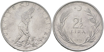 Турция 2 1/2 лиры 1976 KM 893.2 нержавеющая сталь 4599-1141