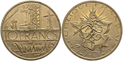 Франция 10 франков 1980 тип Матье KM 940, Le Franc 365.15-16 никель латунь 4389-1124