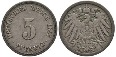 ГЕРМАНИЯ 5 ПФЕННИГОВ 1897 A KM 11, Jager 12, Weege 6 медно-никель 4547-352