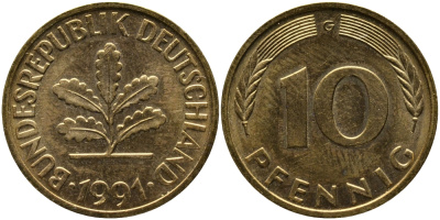 ФРГ 10 ПФЕННИГОВ 1991 G KM 108, J.383 сталь плакированная латунью 33-154