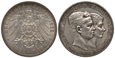 Брауншвейг-Люнебург 3 марки 1915 А, свадьба Эрнста Августа и Виктории Луизы Weege 56, J. 57, KM 1162 серебро 00-806-33