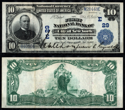 США, National Bank Note 10 долларов 1902 Первый Национальный Банк Города Нью-Йорк Fr. 624  бумага   451-1340-3