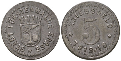 Фюрстенвальде (Пруссия, Бранденбург) 5 пфенингов 1918/19 Funck 144.1, Men05 8419.1, Men18 10493.1 железо 4596-146