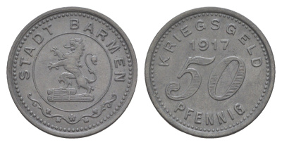 Бармен 50 пфеннигов 1917 Funck 30.2, Men05 1453.2, Men18 1851.2 цинк 4636-1112