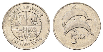 Исландия 5 крон 1984 дельфины KM 28 медно-никель 4591-926