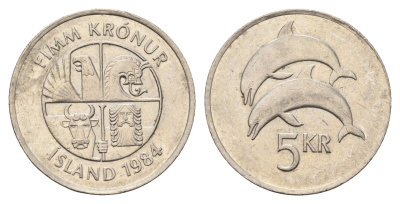 Исландия 5 крон 1984 дельфины KM 28 медно-никель 4591-926