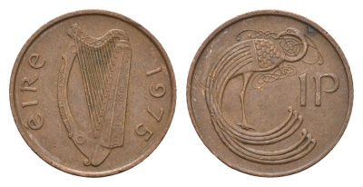 Ирландия 1 пенни 1975 мифологическая птица лира KM 20 бронза 4687-925