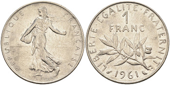 Франция 1 франк 1961 сеятель, тип Semeuse KM 925, Le Franc 226.6 никель 4592-1057