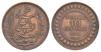 Тунис 10 сантимов 1891 A KM 222 бронза 4653-822