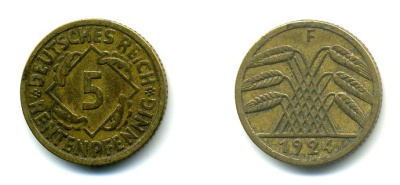 ГЕРМАНИЯ 5 РЕНТПФЕННИГОВ 1924 F J. 308, KM 32 алюминиевая бронза 46-2047