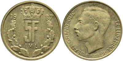 ЛЮКСЕМБУРГ 5 ФРАНКОВ 1987 БОЛЬШАЯ КОРОНА KM 60.2 латунь 4397-513