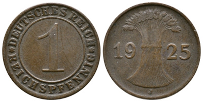 ГЕРМАНИЯ 1 РЕЙХСПФЕННИГ 1925 J KM 37, J. 313 бронза 4380-1133